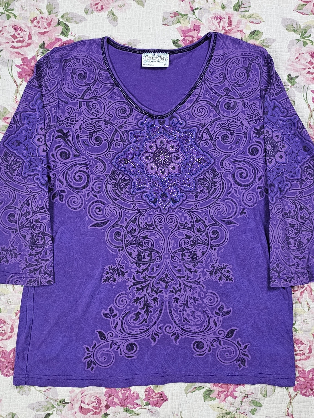 Vintage Y2K Purple Paisley Beaded 3/4 Sleeve Scoop Neck Top Women XL